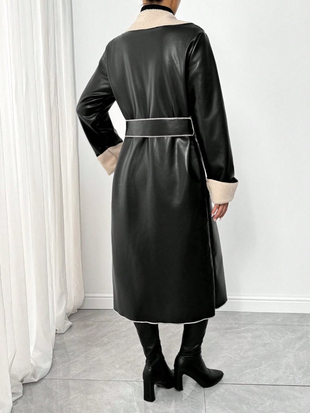Black Casual Women's Contrast Trim Long Sleeve Pocket Panel Jacket - Picture 2 of 4